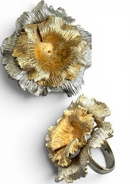 Dyadema Italy 925 Sterling Silver Floral Statement Ring Two-Tone Designer Rare